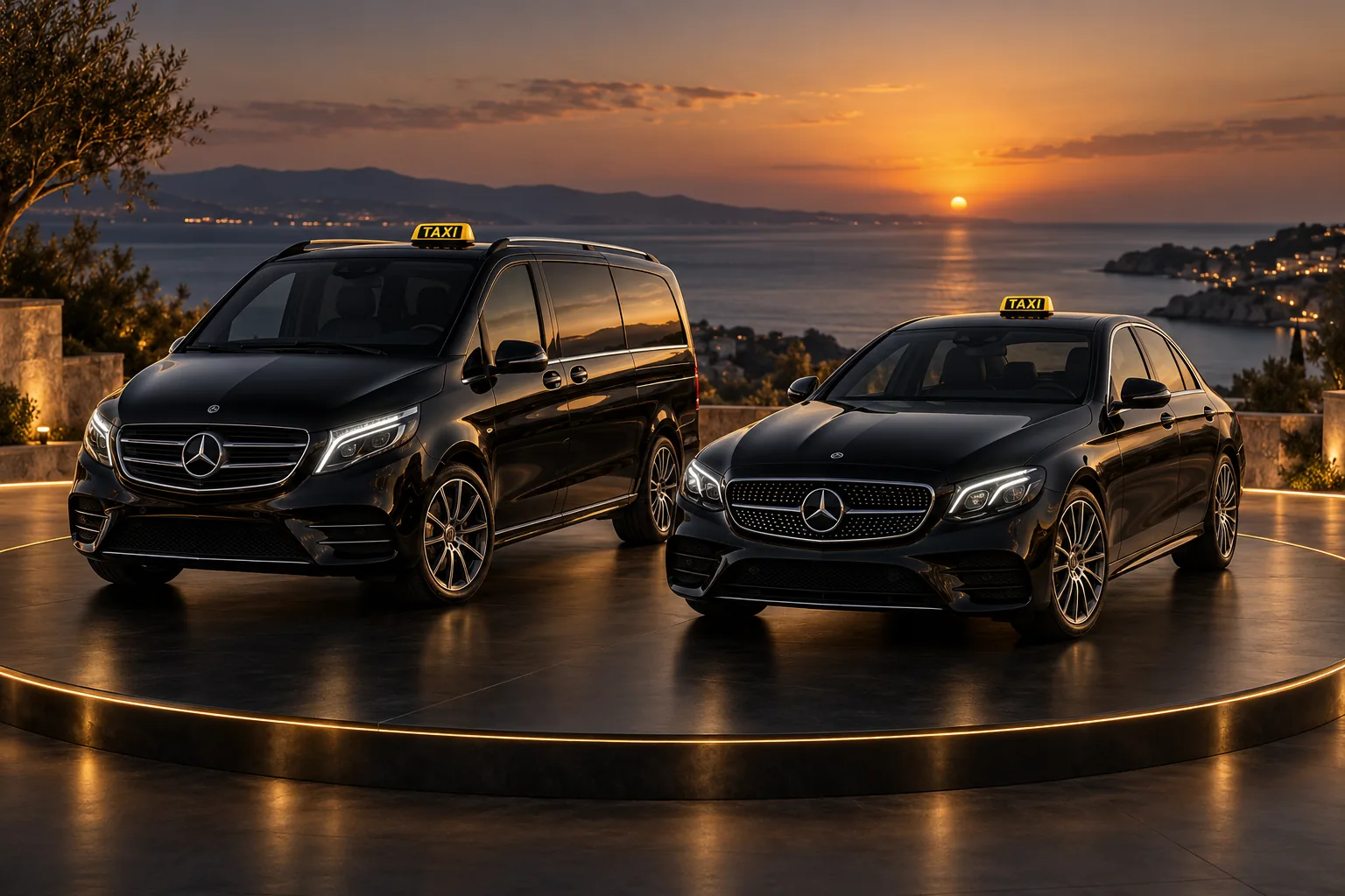 Black Mercedes passenger van and sedan taxis
